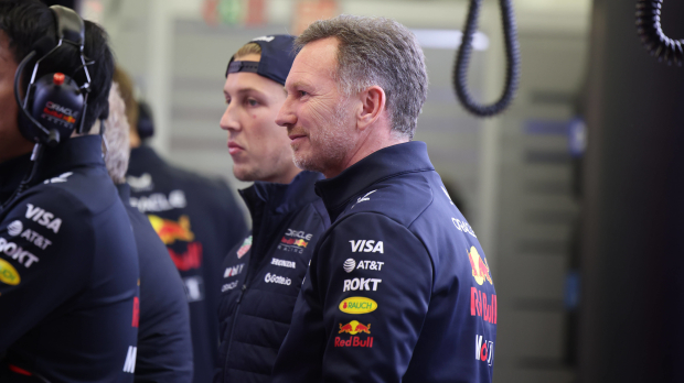 Liam Lawson and Christian Horner in the Red Bull garage