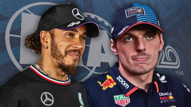 A composite image of Lewis Hamilton and Max Verstappen