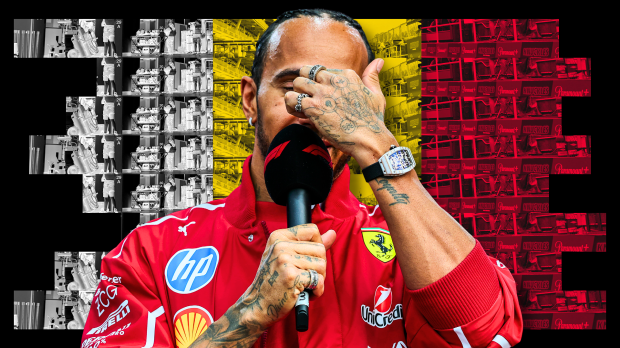 Hamilton in red Ferrari jacket holding F1 mic with hand on his face in front of black, yellow and red Belgian flag background — Photo: © IMAGO