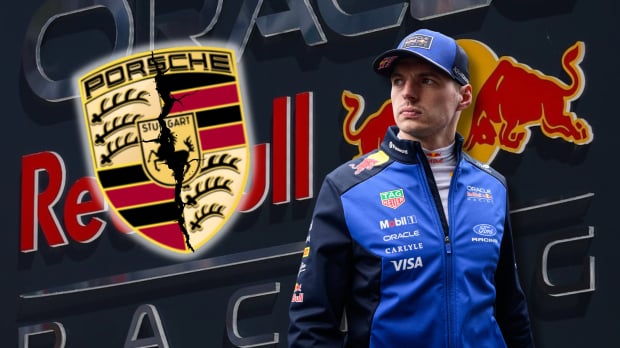 In a composite image, Max Verstappen is seen looking at a cracked Porsche badge to a Red Bull background — Photo: © IMAGO