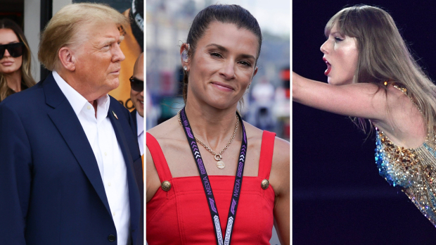 Taylor Swift points and shouts at Danica Patrick as Donald Trump smiles