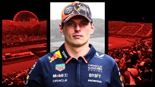 Verstappen in Red Bull kit in front of Canadian GP themed F1 background with flag colours — Photo: © IMAGO