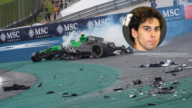 Gabriel Bortoleto's portrait is show alongside his wrecked Sauber car after a Brazil sprint crash