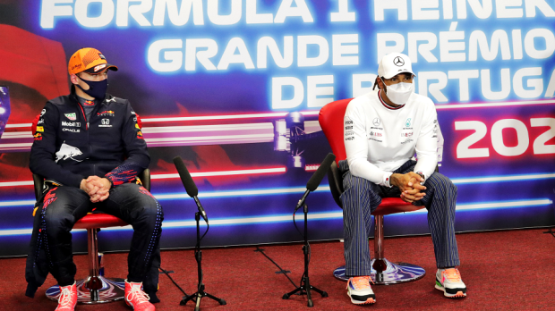 Max Verstappen and Lewis Hamilton during press conference in Portugal