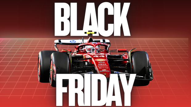 Red ombre background with grid overlay and white text that reads 'Black Friday' with Hamilton's Ferrari F1 car edited in front