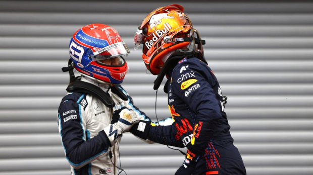 George Russell and Max Verstappen after qualifiying in Belgium