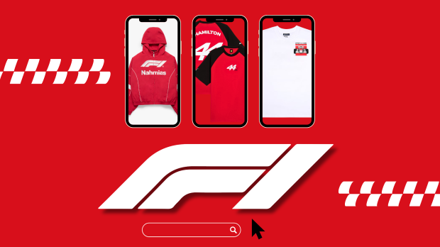 Red background with white checked pattern and three pieces of F1 merch on phones with a white F1 logo in the middle — Photo: © IMAGO
