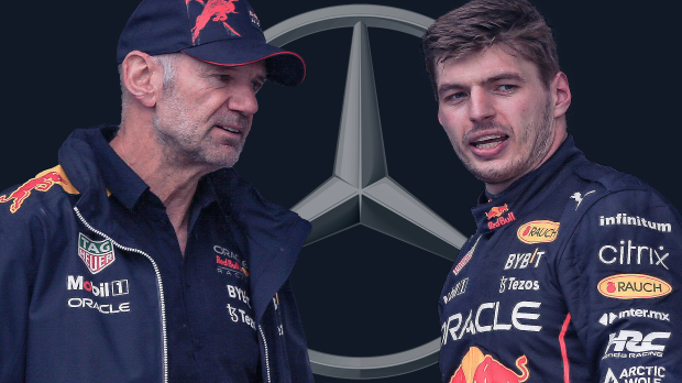 Adrian Newey and Max Verstappen in front of Mercedes-logo