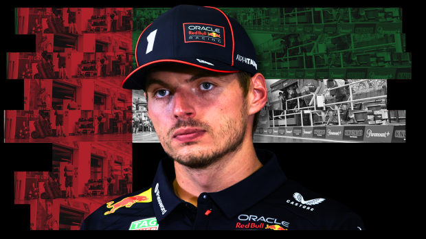 Max Verstappen looking disappointed edited onto a background of the Abu Dhabi flag