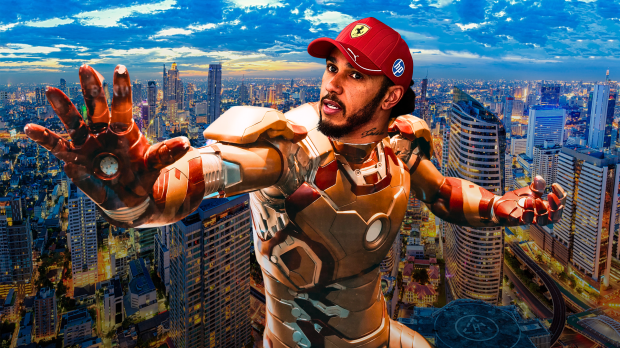 Lewis Hamilton's head on Iron Man's body in front of a generic cityscape image