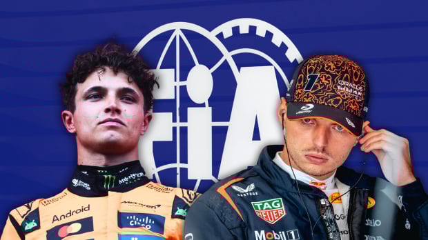 Norris and Verstappen in front of FIA logo