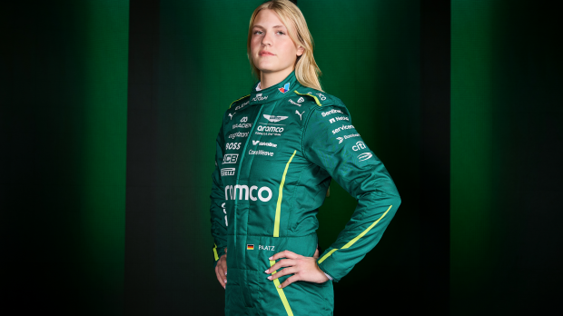 Mathilda Paatz poses in Aston Martin race overalls