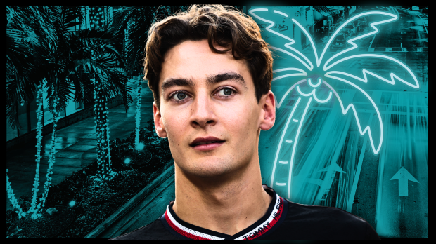 George Russell looking happy edited on a backdrop of a neon blue Miami palm tree — Photo: © IMAGO