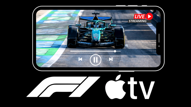 Aston Martin F1 car on track shown on sideways iphone with F1 and Apple TV logos underneath it in white on black background — Photo: © IMAGO