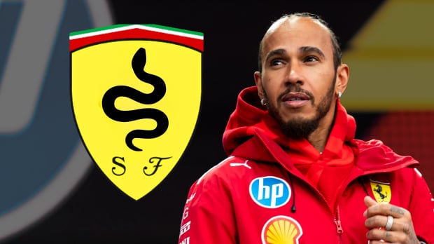 Lewis Hamilton is pictured next to a Ferrari logo with a snake replacing the horse