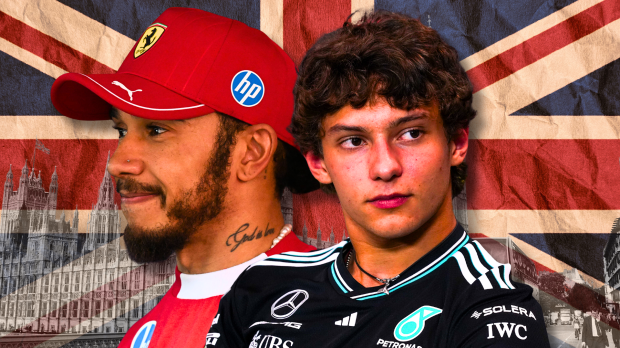 Lewis Hamilton and Kimi Antonelli in front of the British flag — Photo: © IMAGO
