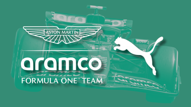 Aston Martin F1 car shadow with a green background and the team logo and PUMA logo edited over the top
