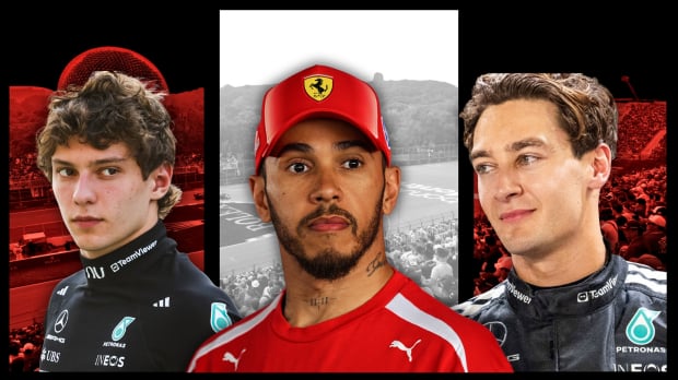 Antonelli and Russell on Hamilton's shoulder, all three looking serious with red and white Canadian GP-themed background — Photo: © IMAGO