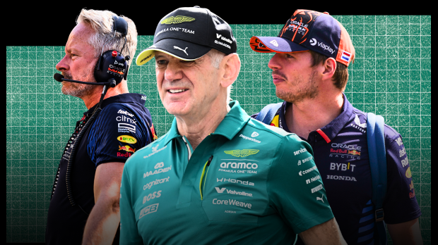 An edited image of Adrian Newey smiling flanked by Jonathan Wheatley and Max Verstappen in Red Bull uniform — Photo: © IMAGO