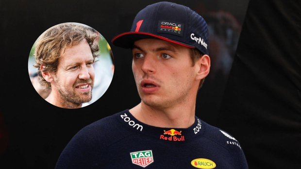 Sebastian Vettel smiles as Max Verstappen looks on in shock
