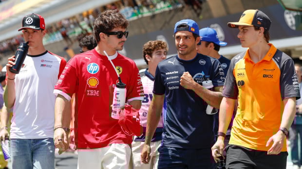 Bearman, Leclerc, Sainz and Piastri walking through the Spanish GP paddock