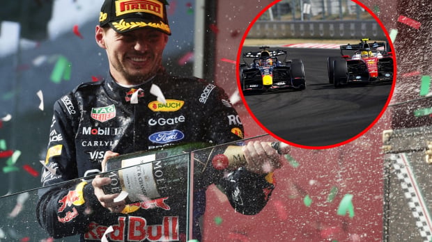 Verstappen on the podium at the Hungaroring — Foto: © Red Bull Content Pool x IMAGO x GPFANS