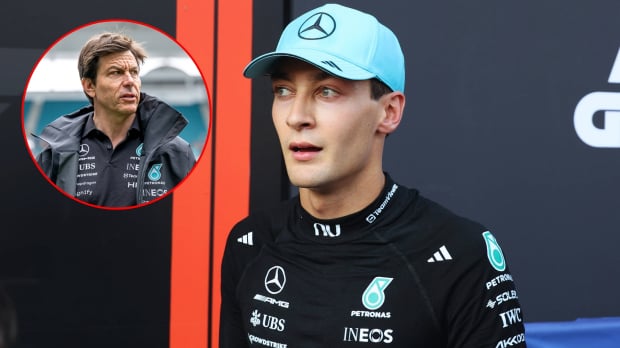 Picture of Russell from chest up in Mercedes black race suit and turquoise cap with circular inset image of Wolff looking concerned in Mercedes black coat and red circular outline — Photo: © IMAGO