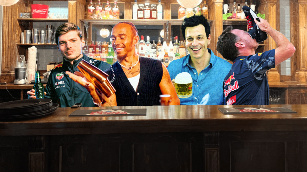Max, Lewis, Toto and Christian behind a bar