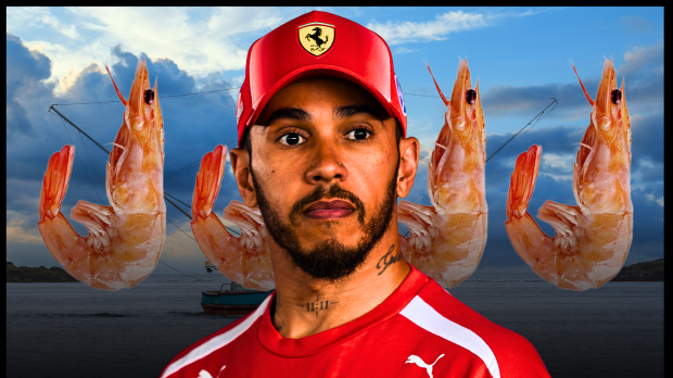 Hamilton in Ferrari F1 kit with a straight face edited on a background of a fishing boat and four shrimp — Photo: © IMAGO