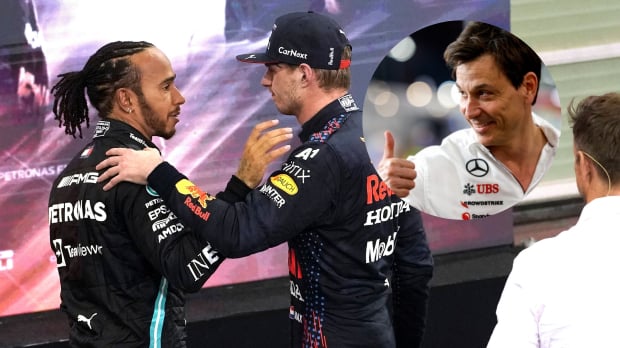 Max Verstappen consoles Lewis Hamilton after Abu Dhabi 2021, with a Toto Wolff thumbs up inset