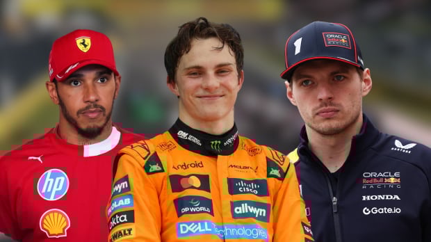 Oscar Piastri grins as he is flanked by Lewis Hamilton and Max Verstappen