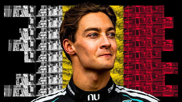 George Russell looks happy in front of the Belgian flag — Photo: © IMAGO