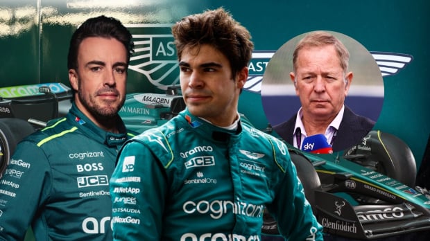Martin Brundle is an inset in a photo of Fernando Alonso and Lance Stroll for Aston Martin — Photo: © IMAGO