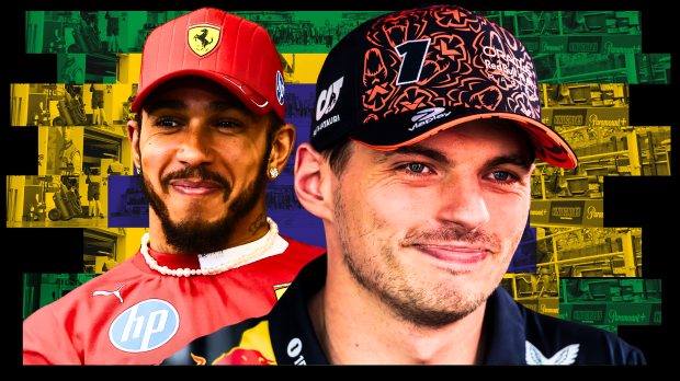 Composite image of a smiling Hamilton in Ferrari kit and a happy Verstappen in Red Bull gear in front of a Brazilian flag-themed paddock background