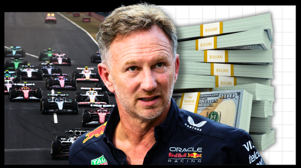 Horner in Red Bull kit looking concerned with a background of the F1 grid and a pile of US dollars