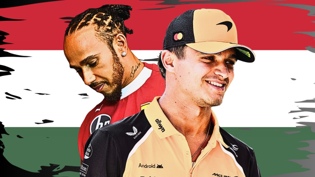 Image of Lewis Hamilton and Lando Norris in front of a sketch of the Hungarian flag