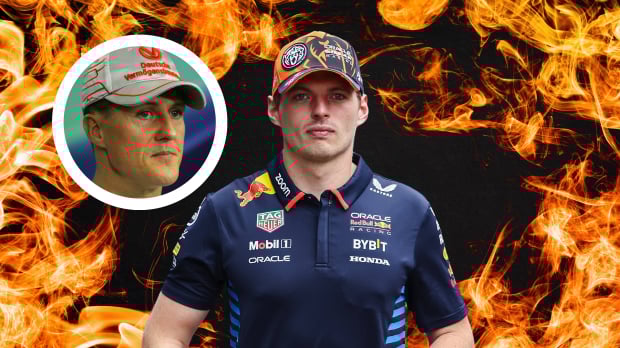 Max Verstappen and Michael Schumacher look glum with a fiery background
