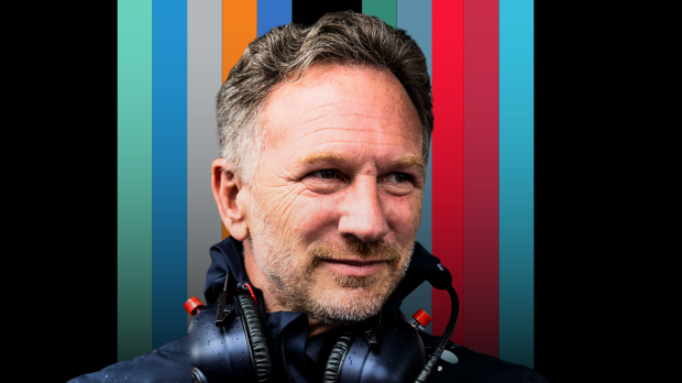 Headshot of Horner in Red Bull F1 top with headphones around his neck edited with a black background with multi-coloured stripes down the middle