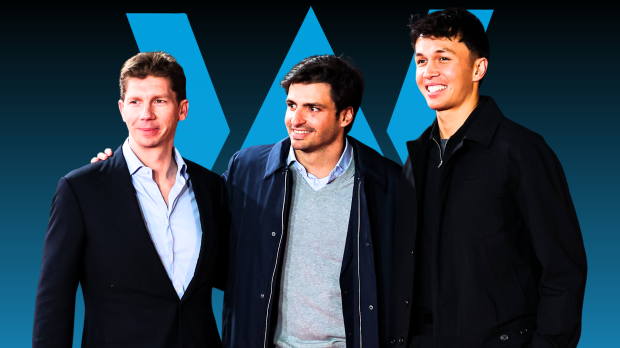 Vowles, Sainz and Albon posing for a group picture with an edited Williams logo background