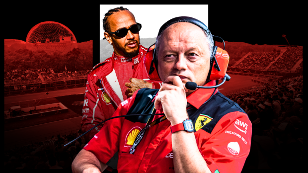 Hamilton and Vasseur in Ferrari kit looking concerned with red and white Canadian GP background — Photo: © IMAGO