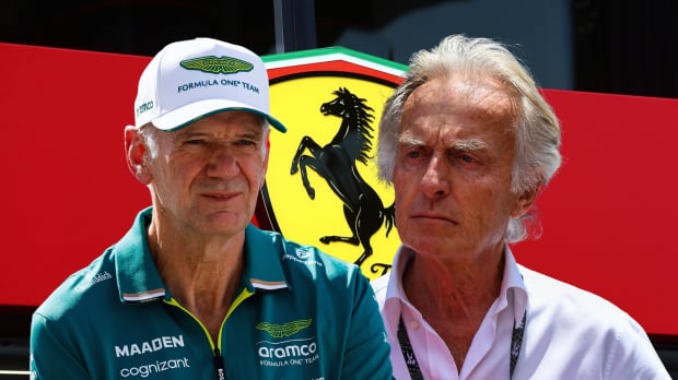 Composite image of Ferrari logo with Newey in Aston Martin kit and Luca di Montezemolo next to him