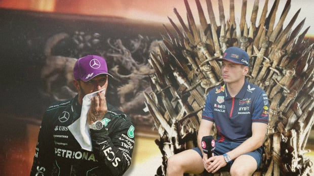 Lewis Hamilton and Max Verstappen look at each other on top of a Game of Thrones backdrop