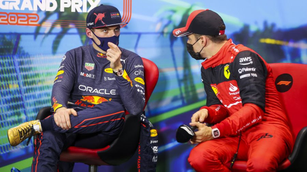 Max Verstappen and Charles Leclerc during the press conference