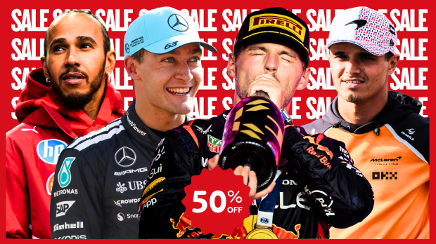 Composite image of Hamilton, Russell, Verstappen and Norris all in respective F1 team kit with 'sale' and 50% off graphic