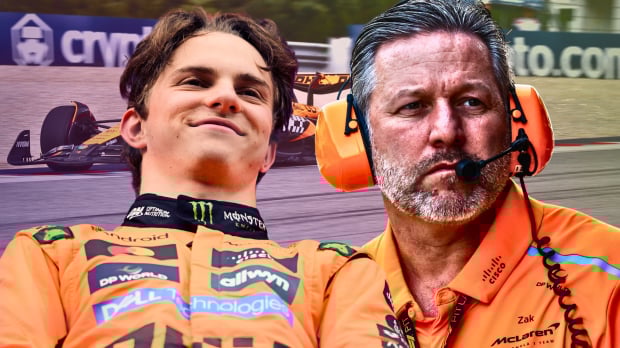 An edited image of Oscar Piastri smirking alongside a concerned Zak Brown, with the background of a McLaren F1 car 