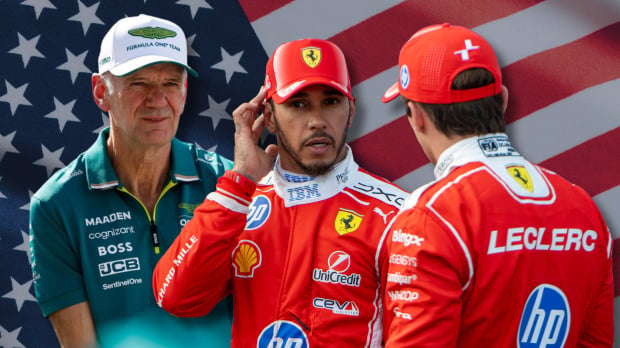 Adrian Newey is shown with Lewis Hamilton and Charles Leclerc in a composite image — Photo: © IMAGO