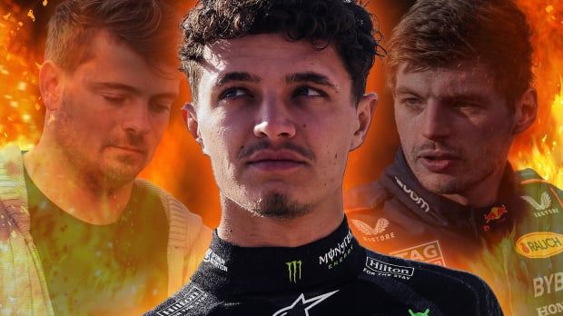 Lando Norris with Max Verstappen and Martin Garrix on the background