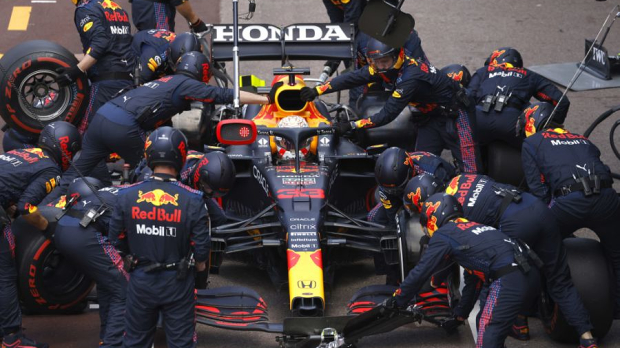 Max Verstappen in the pits during the Monaco Grand Prix