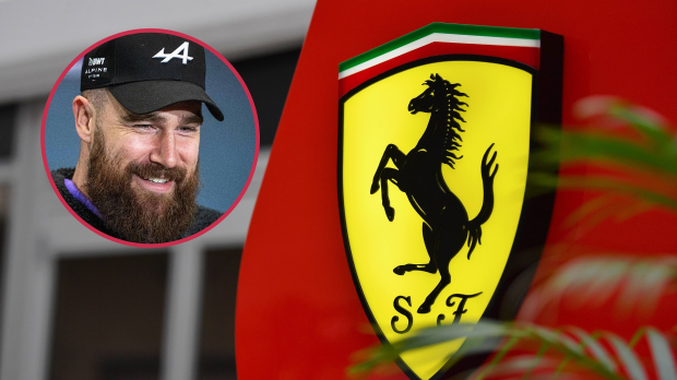 Travis Kelce smiles in an Alpine F1 cap next to a Ferrari logo