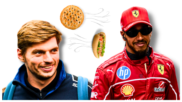Max Verstappen and Lewis Hamilton edited having a food fight